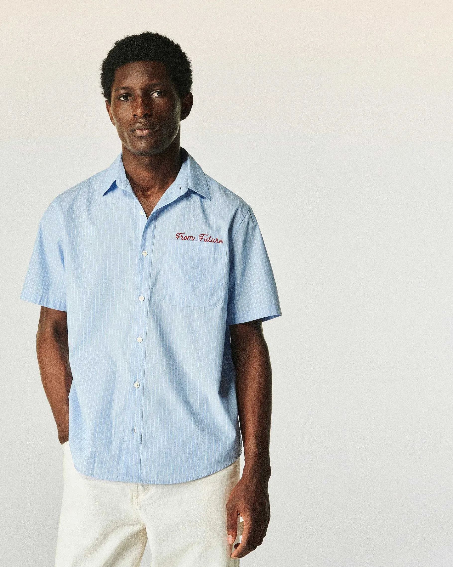 Discount FROM FUTURE Chemise Manches Courtes Popeline Bleu Raye