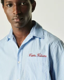 Discount FROM FUTURE Chemise Manches Courtes Popeline Bleu Raye