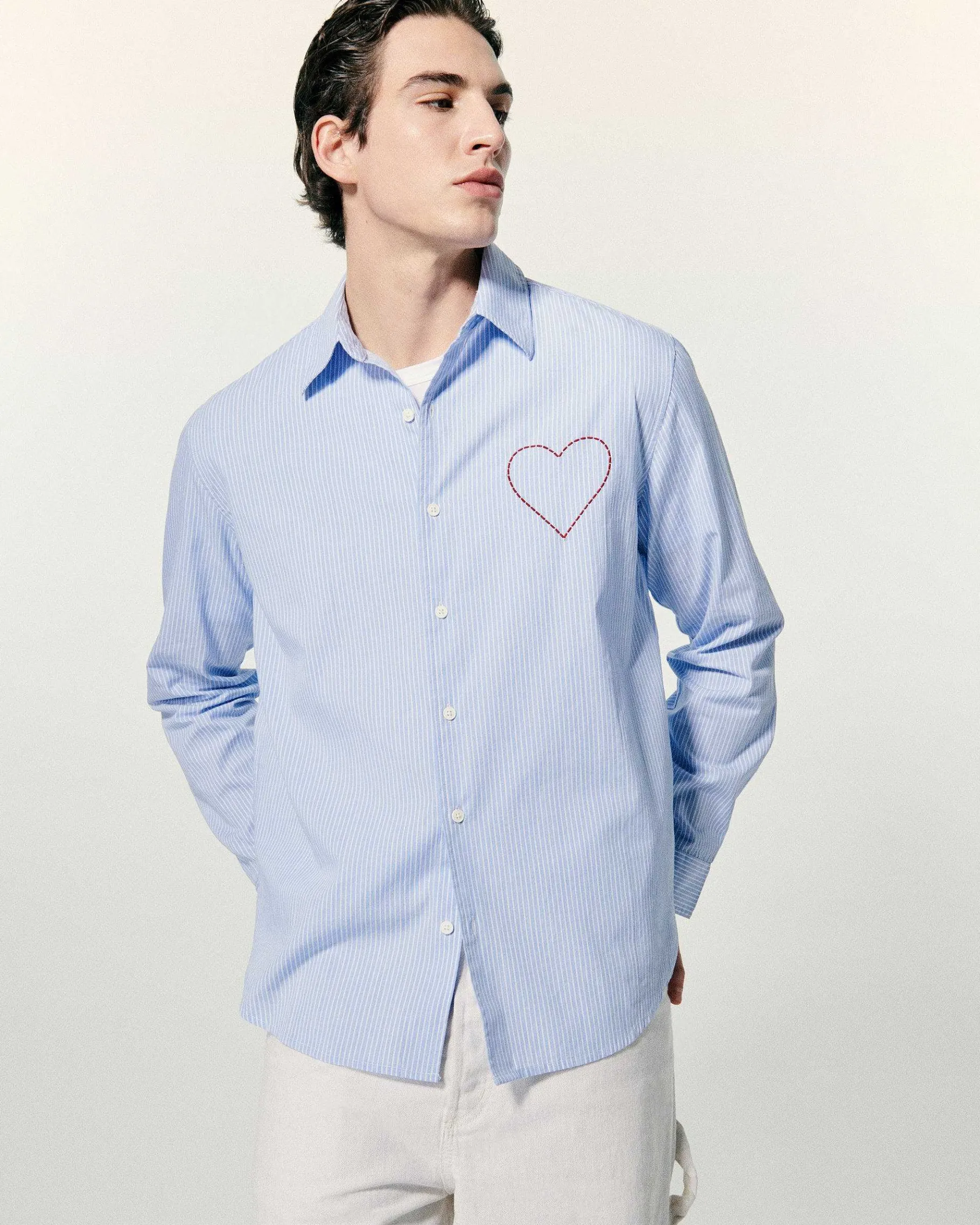 FROM FUTURE Chemise Manches Longues Popeline Bleu Raye
