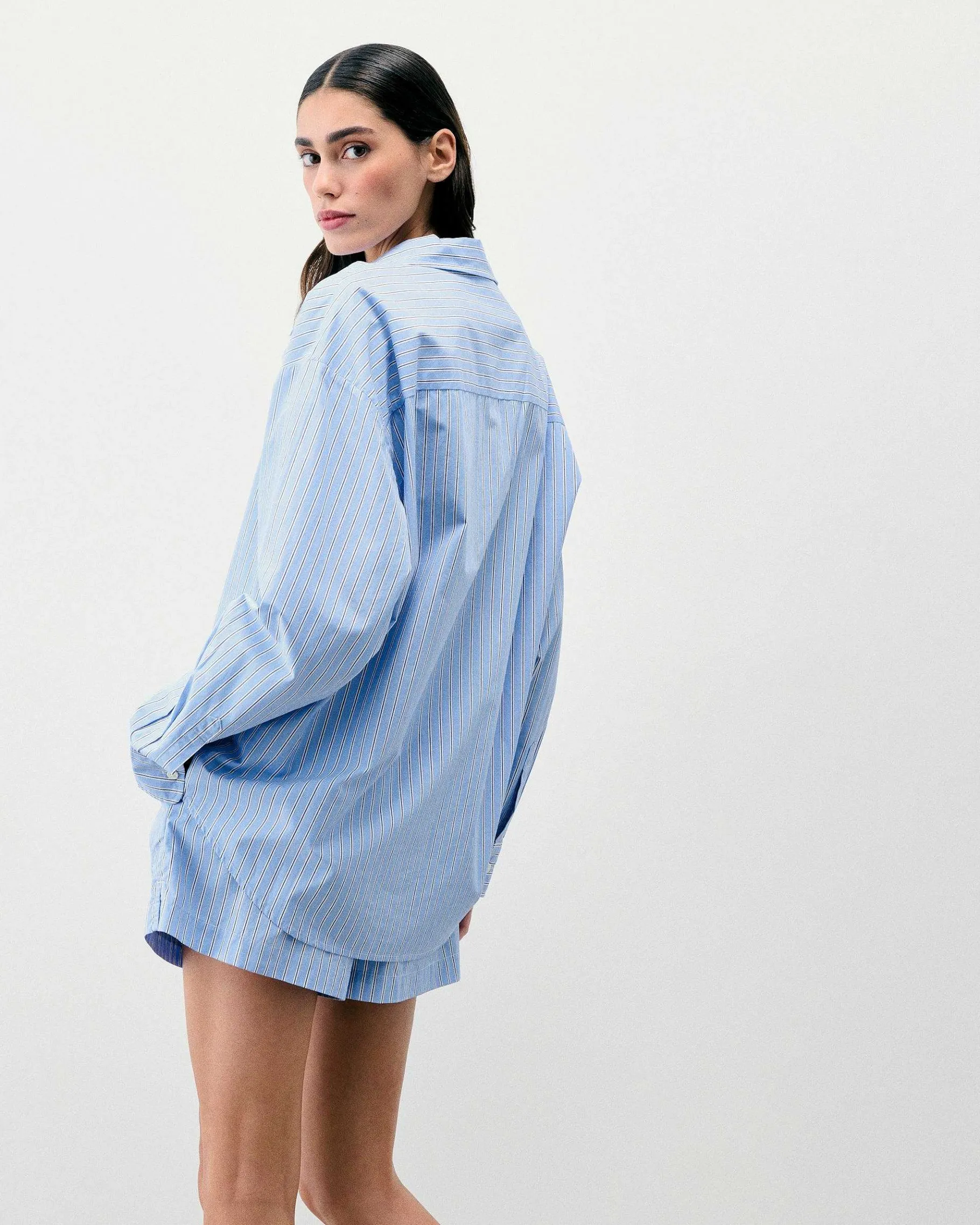 Discount FROM FUTURE Chemise Manches Longues Popeline Bleu Ciel Raye