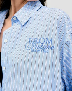Discount FROM FUTURE Chemise Manches Longues Popeline Bleu Ciel Raye