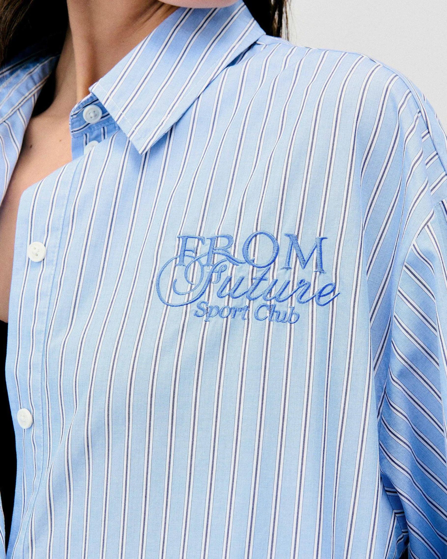 Discount FROM FUTURE Chemise Manches Longues Popeline Bleu Ciel Raye