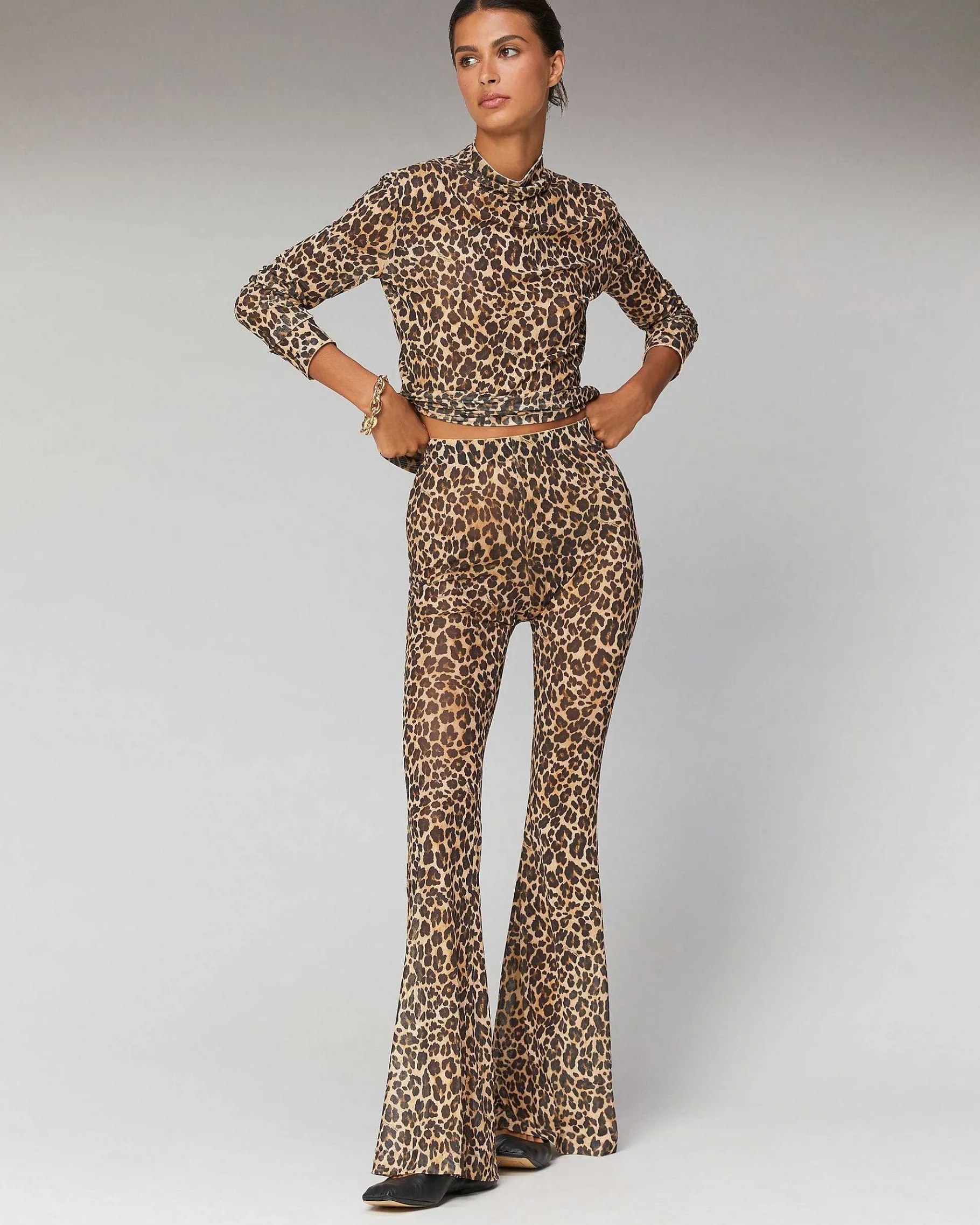 New FROM FUTURE Pantalon Flare Imprime Mesh Winter Leopard