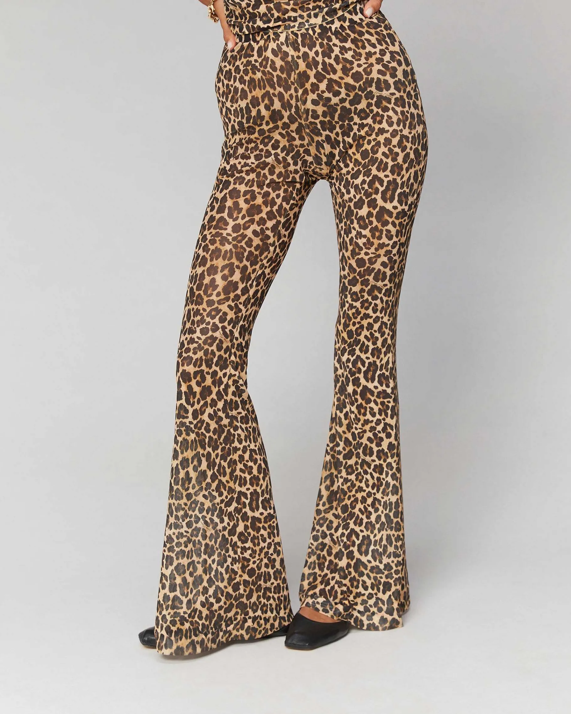 New FROM FUTURE Pantalon Flare Imprime Mesh Winter Leopard