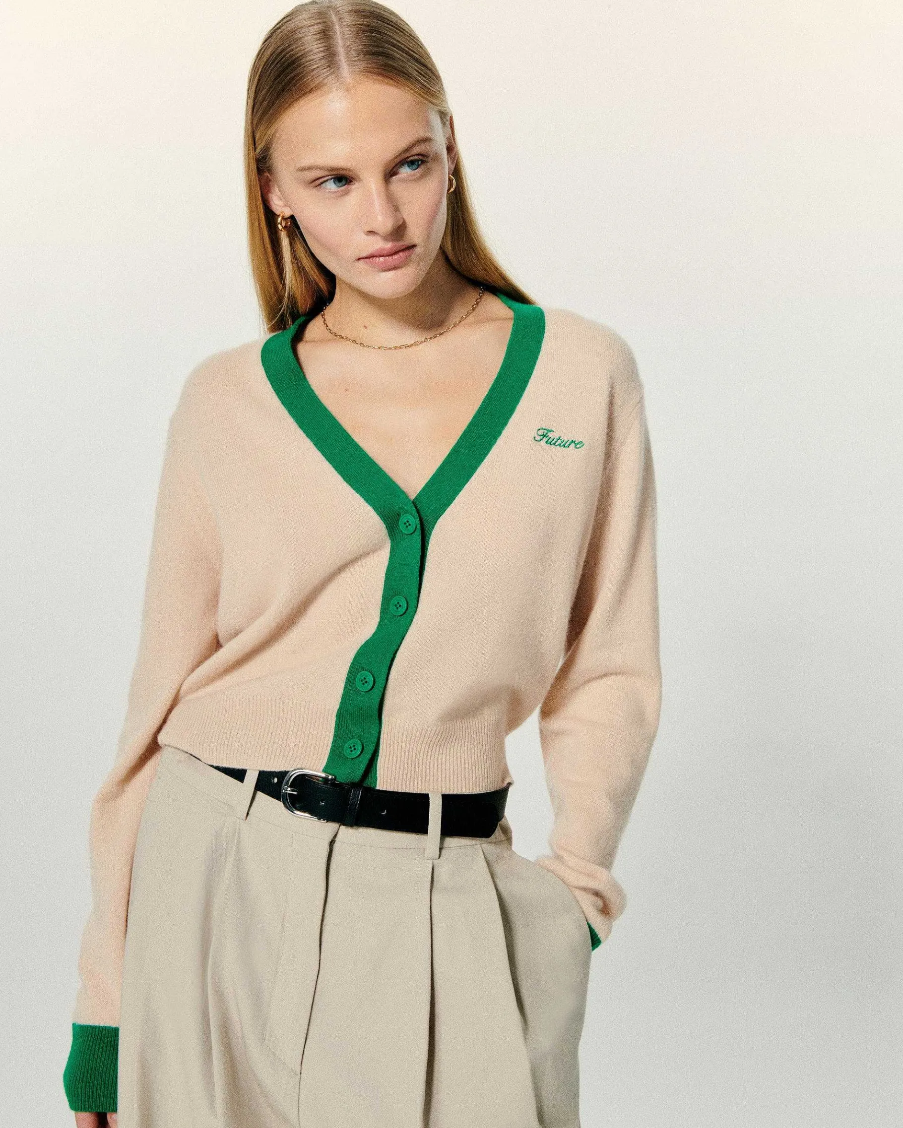 Hot FROM FUTURE Pull Cardigan Bicolore Light Beige