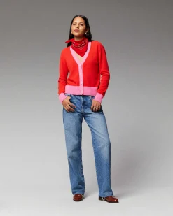 Best FROM FUTURE Pull Cardigan Bicolore Leger Rouge Vif