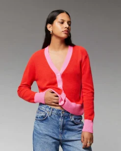 Best FROM FUTURE Pull Cardigan Bicolore Leger Rouge Vif