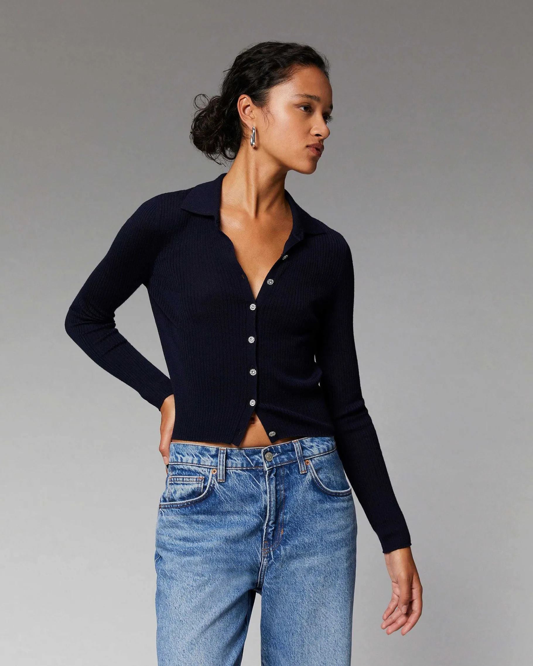 Hot FROM FUTURE Pull Cardigan Boutons Bijoux Navy