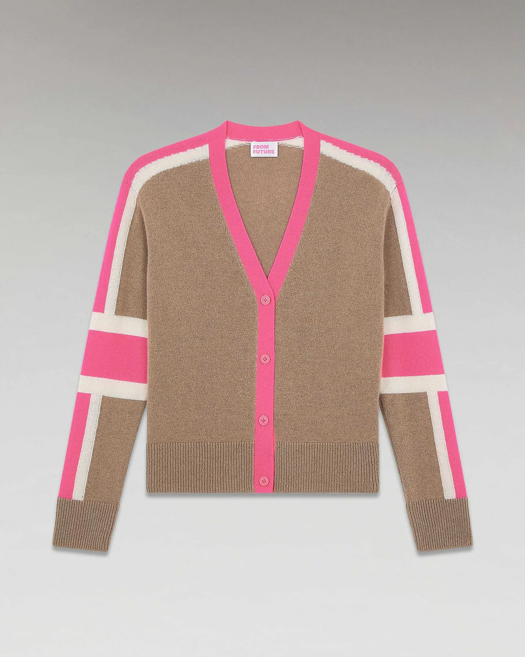 Discount FROM FUTURE Pull Cardigan Manches Tricolore Leger Taupe