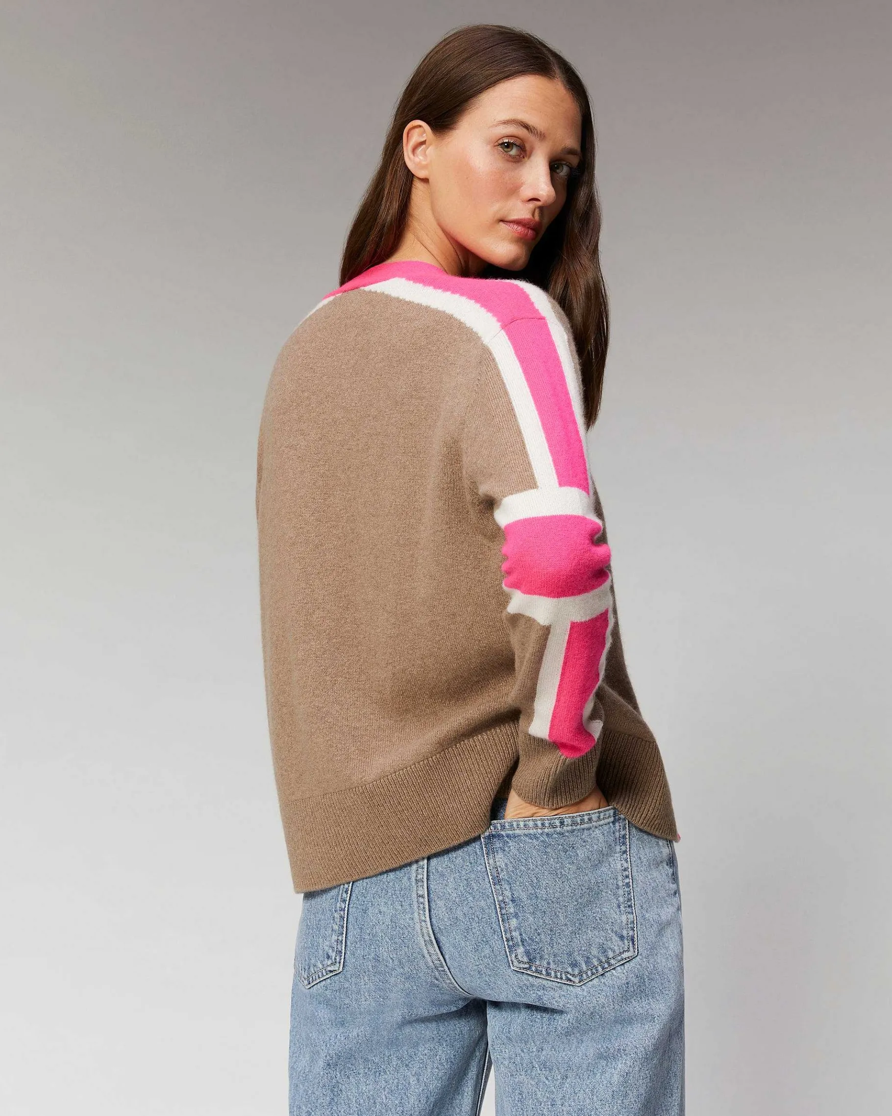 Best FROM FUTURE Pull Cardigan Manches Tricolore Leger Taupe