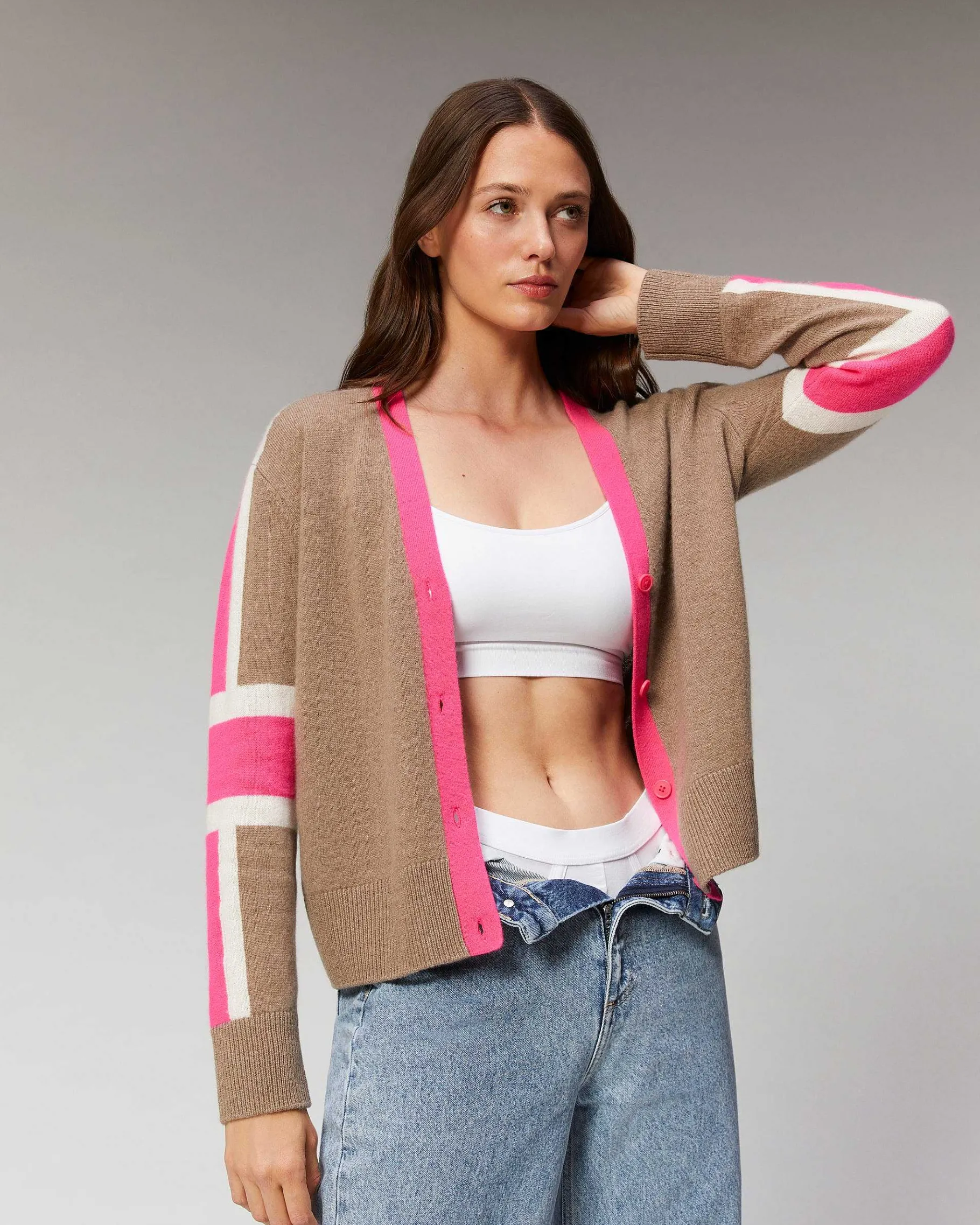Best FROM FUTURE Pull Cardigan Manches Tricolore Leger Taupe