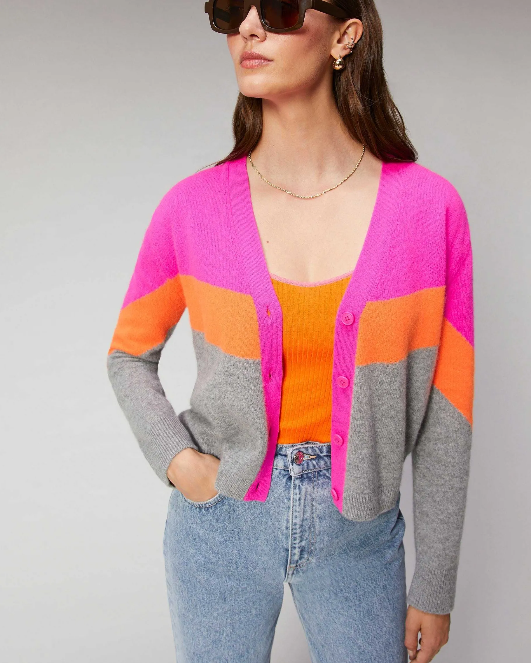 Hot FROM FUTURE Pull Cardigan Tricolore Leger Gris Chine Fonce