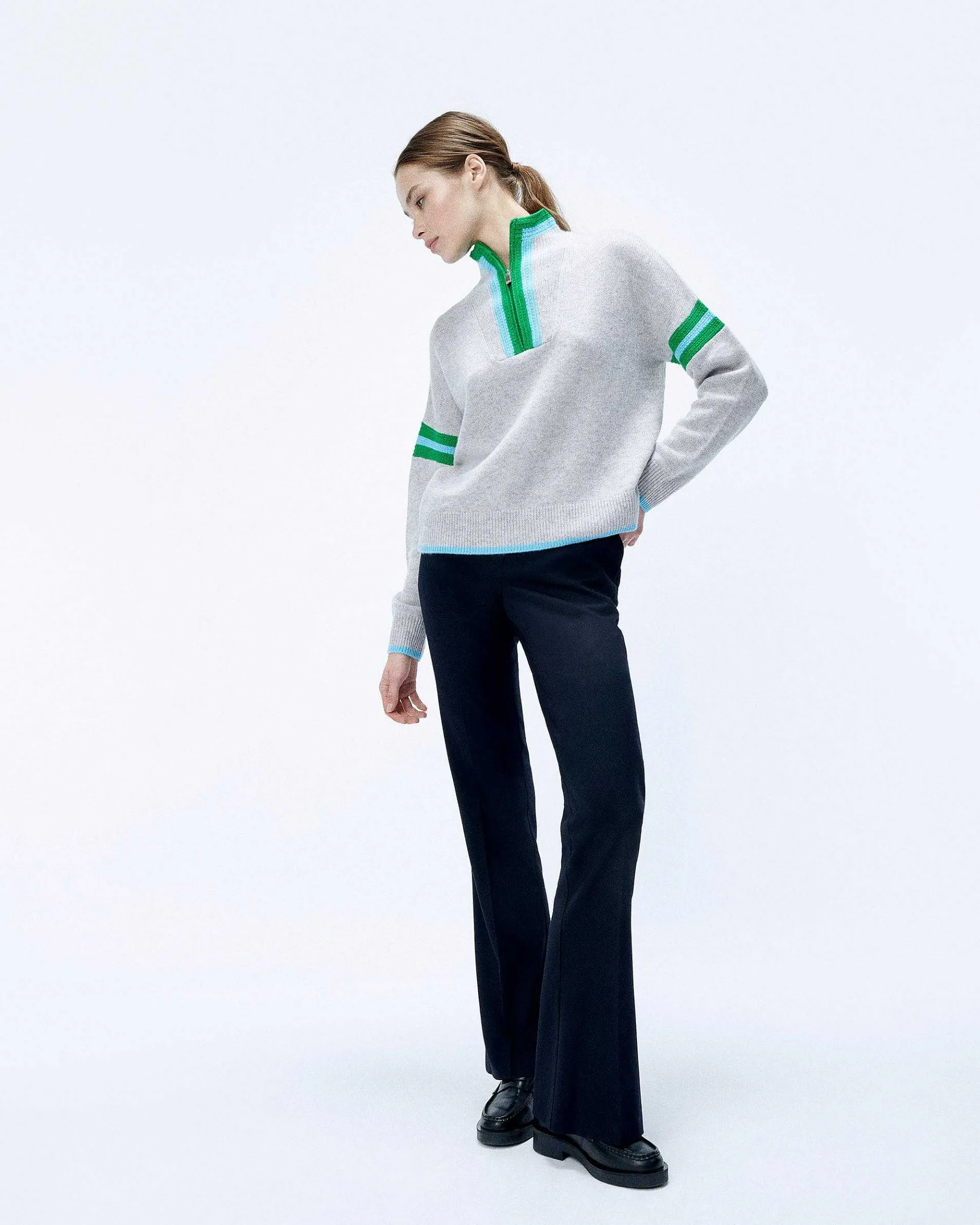 FROM FUTURE Pull Col Camionneur Bord-Cotes Tricot Ajoure Gris Chine Clair