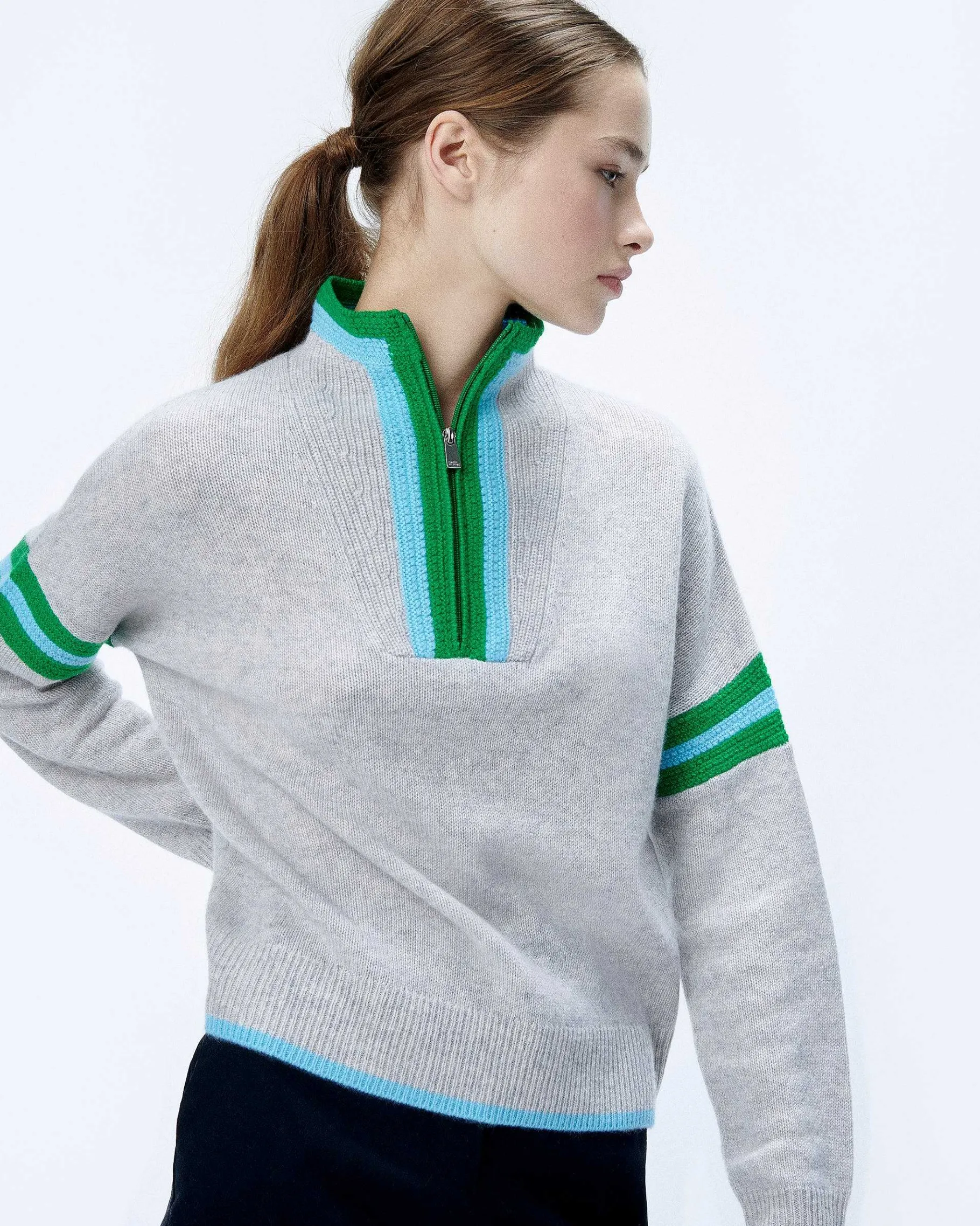 FROM FUTURE Pull Col Camionneur Bord-Cotes Tricot Ajoure Gris Chine Clair