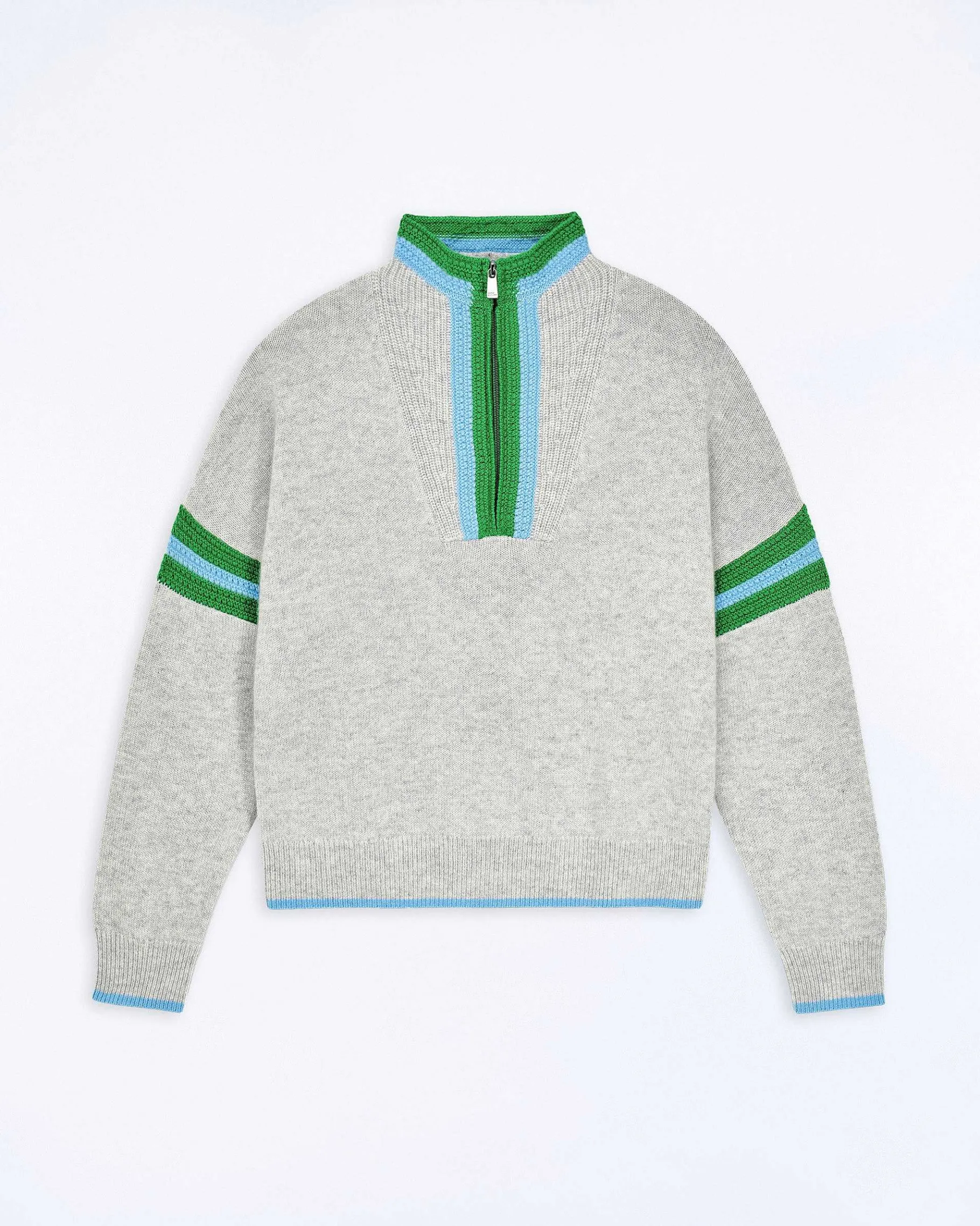 FROM FUTURE Pull Col Camionneur Bord-Cotes Tricot Ajoure Gris Chine Clair