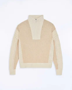 Hot FROM FUTURE Pull Col Camionneur Tricot Ajoure Beige Chine
