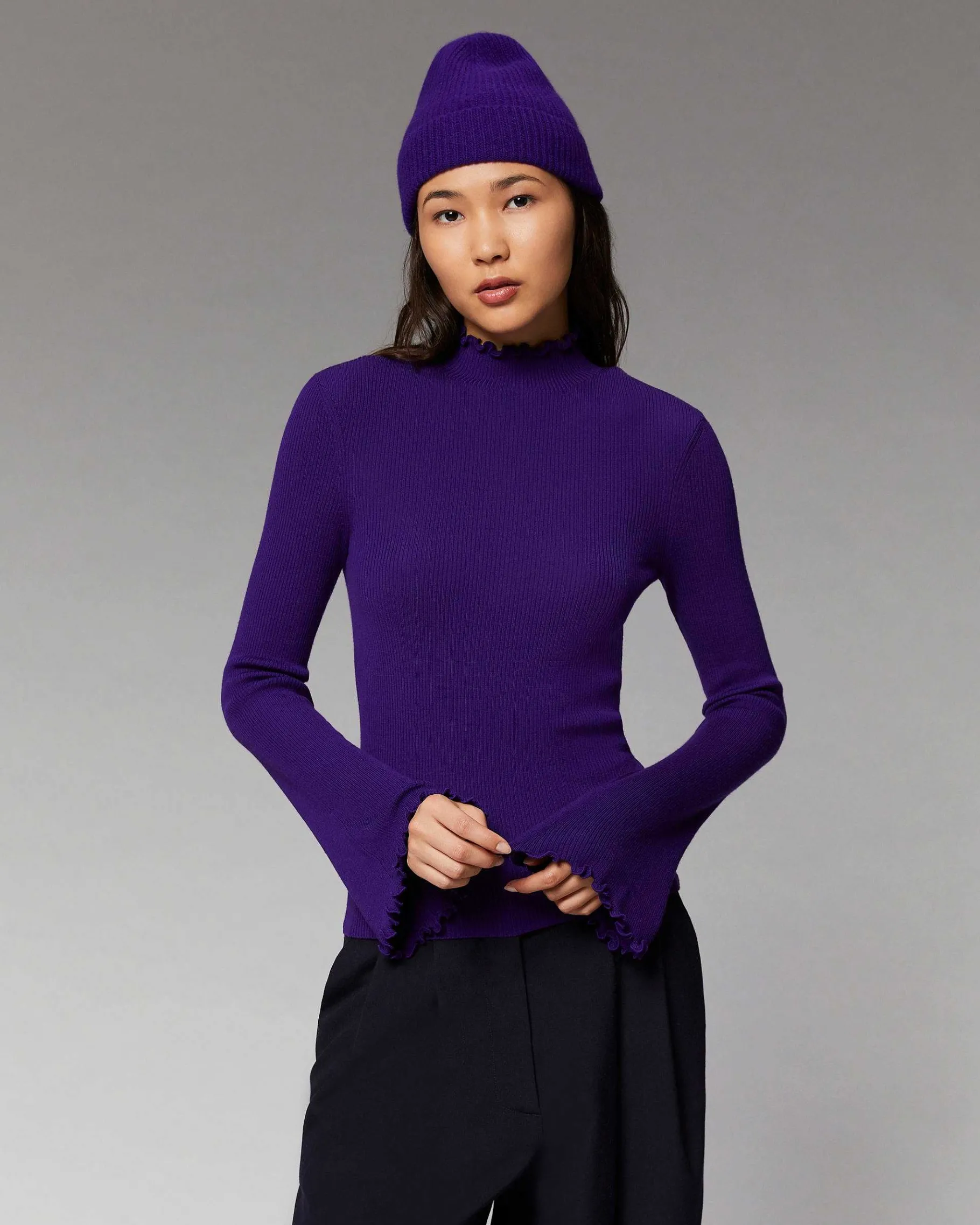 Hot FROM FUTURE Pull Col Montant A Cotes Manches Evasees Intense Purple
