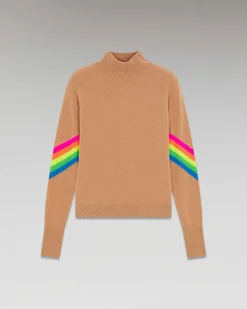 New FROM FUTURE Pull Col Montant Bandes Manches Multico Leger Camel