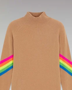 New FROM FUTURE Pull Col Montant Bandes Manches Multico Leger Camel