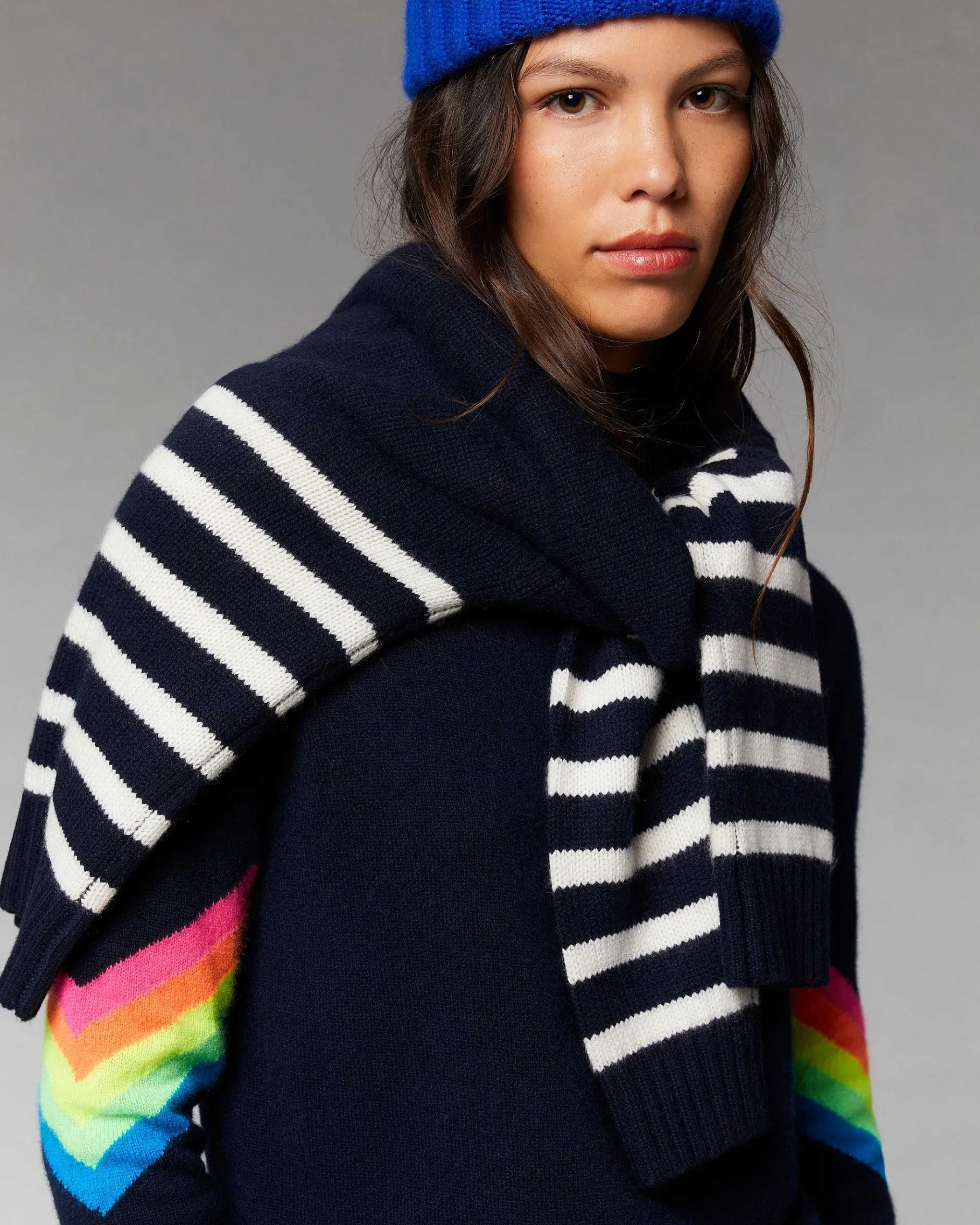 Outlet FROM FUTURE Pull Col Montant Bandes Manches Multico Leger Navy
