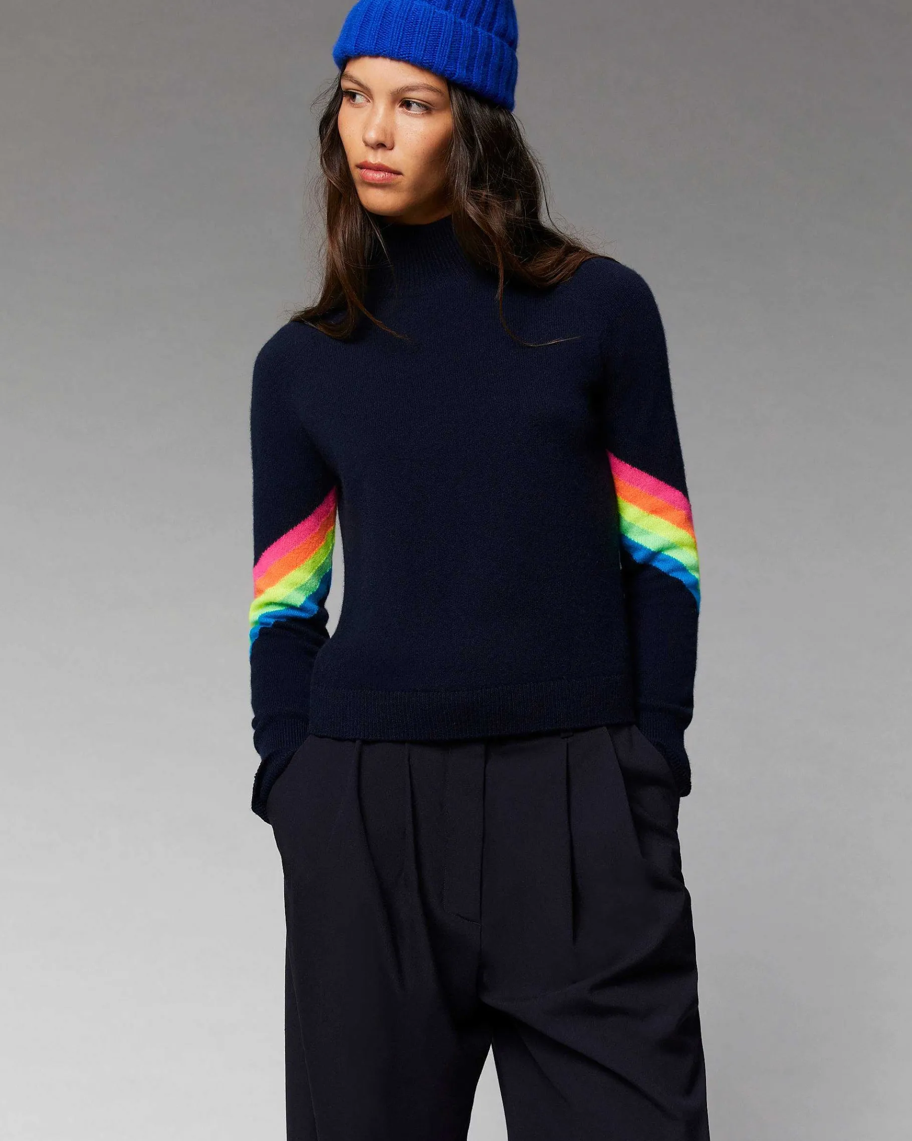 Discount FROM FUTURE Pull Col Montant Bandes Manches Multico Leger Gris Chine Clair