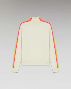 Clearance FROM FUTURE Pull Col Montant Bandes Manches Multicolore Leger Ecru