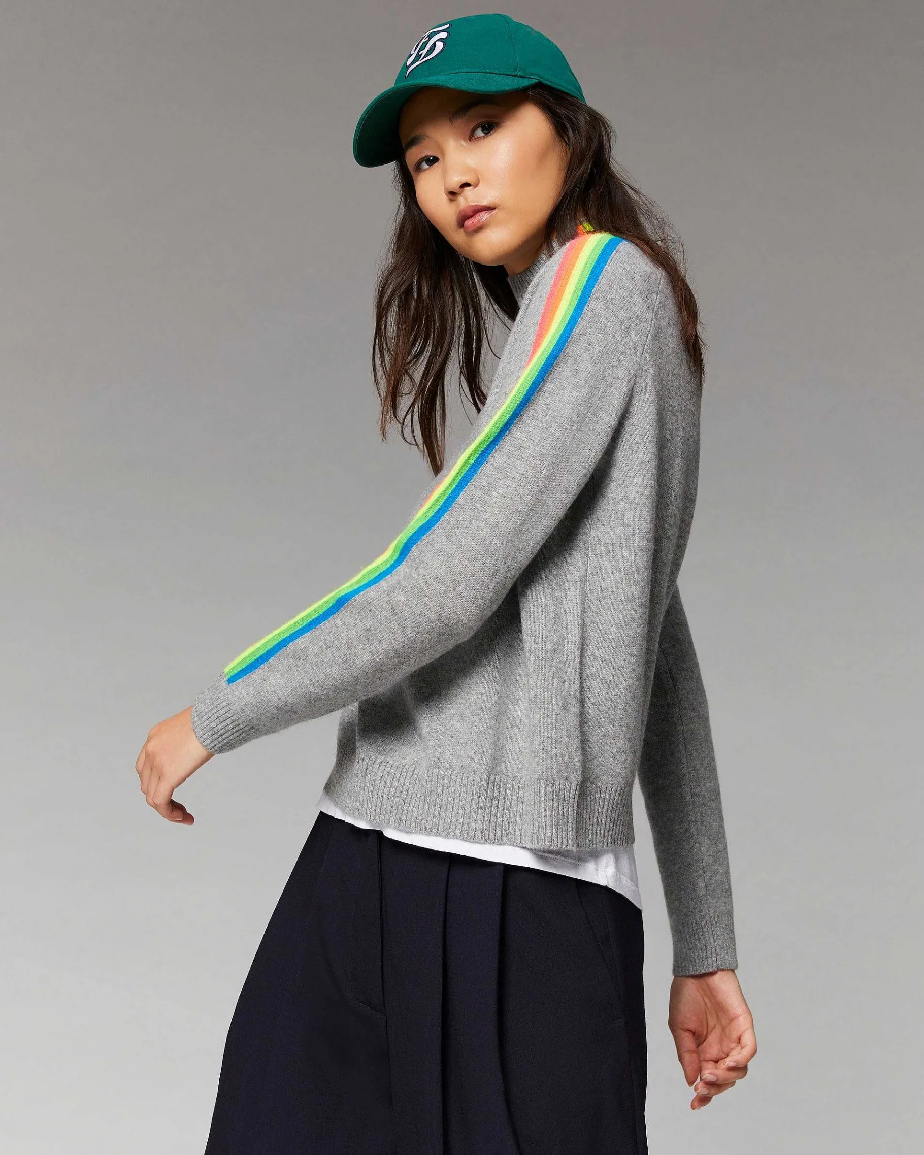 Clearance FROM FUTURE Pull Col Montant Bandes Manches Multicolore Leger Ecru