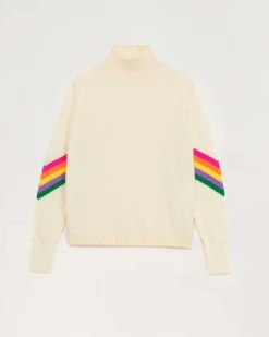 New FROM FUTURE Pull Col Montant Bandes Manches Multicolore Leger Ecru