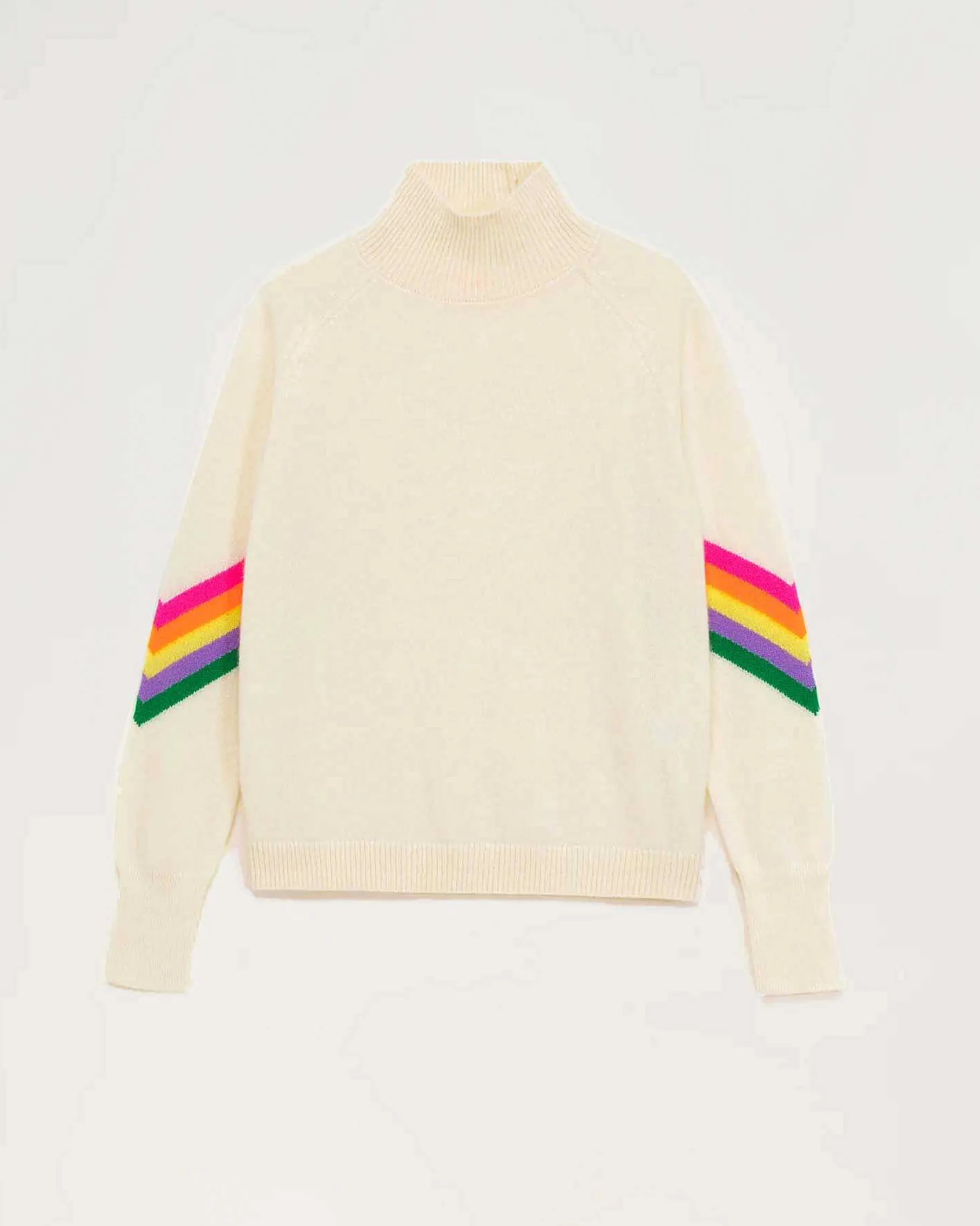 New FROM FUTURE Pull Col Montant Bandes Manches Multicolore Leger Ecru
