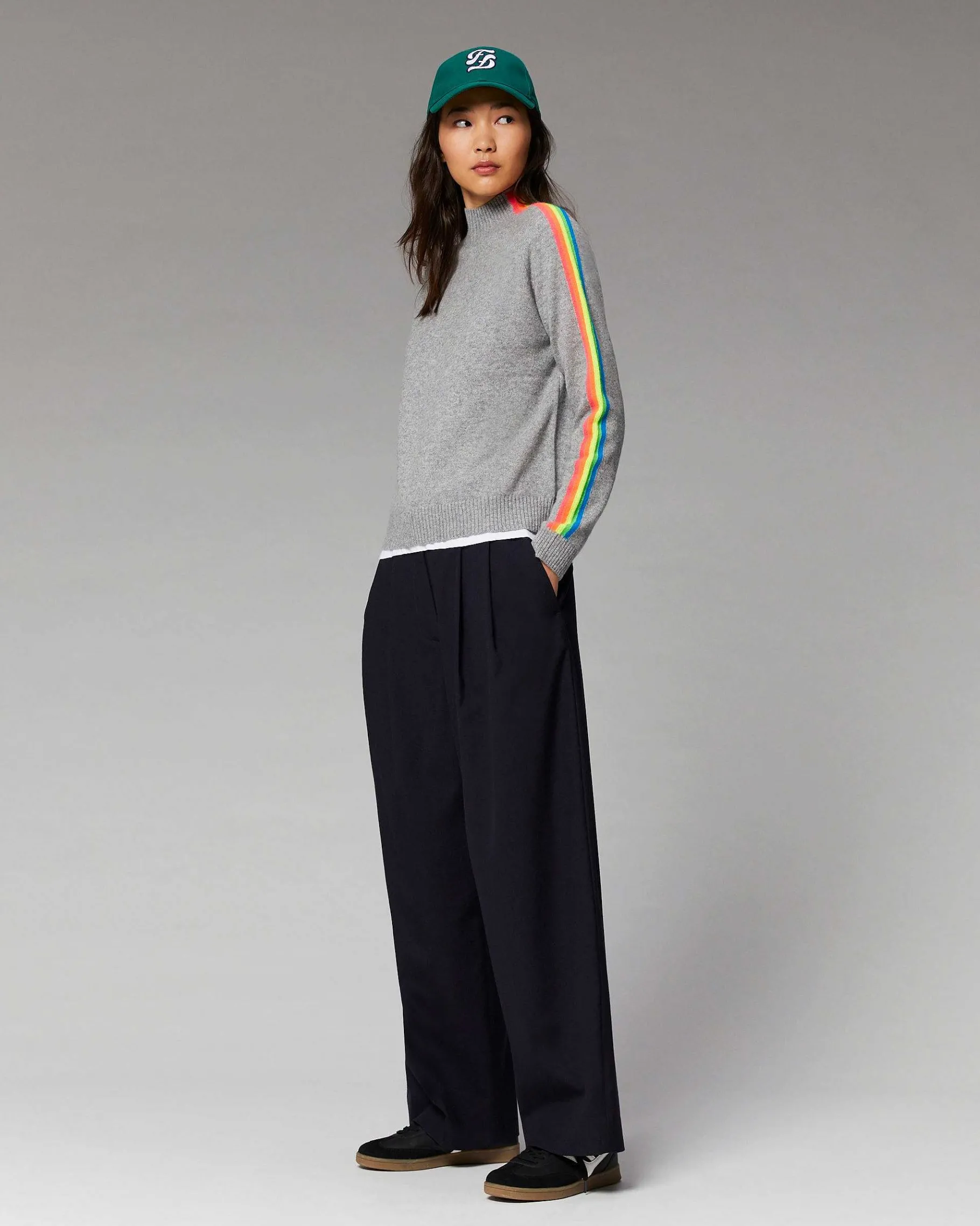 New FROM FUTURE Pull Col Montant Bandes Manches Multicolore Leger Gris Chine Fonce