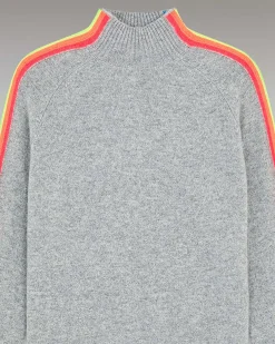 New FROM FUTURE Pull Col Montant Bandes Manches Multicolore Leger Gris Chine Fonce