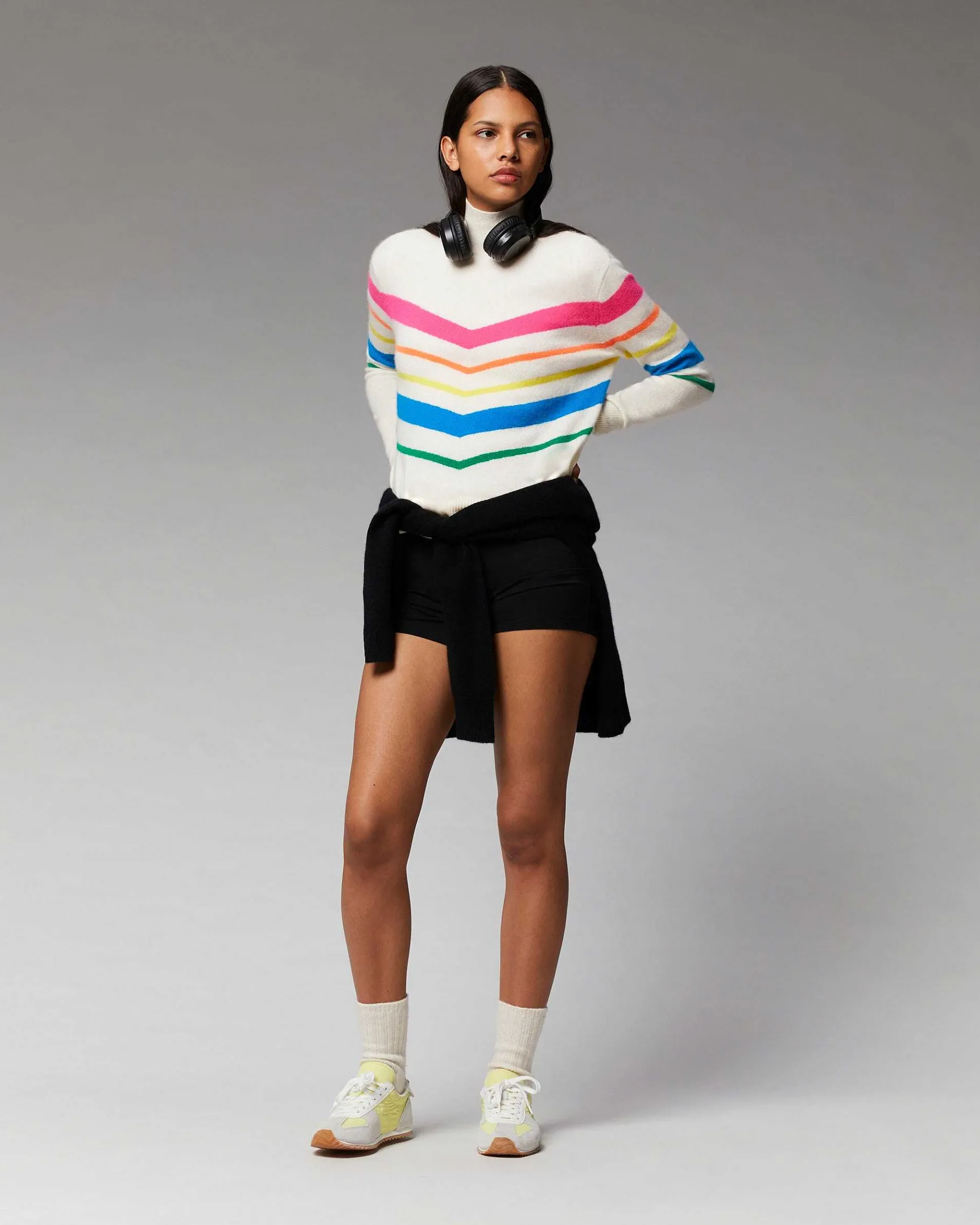 New FROM FUTURE Pull Col Montant Bandes Multicolore Leger Ecru