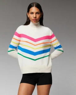 New FROM FUTURE Pull Col Montant Bandes Multicolore Leger Ecru