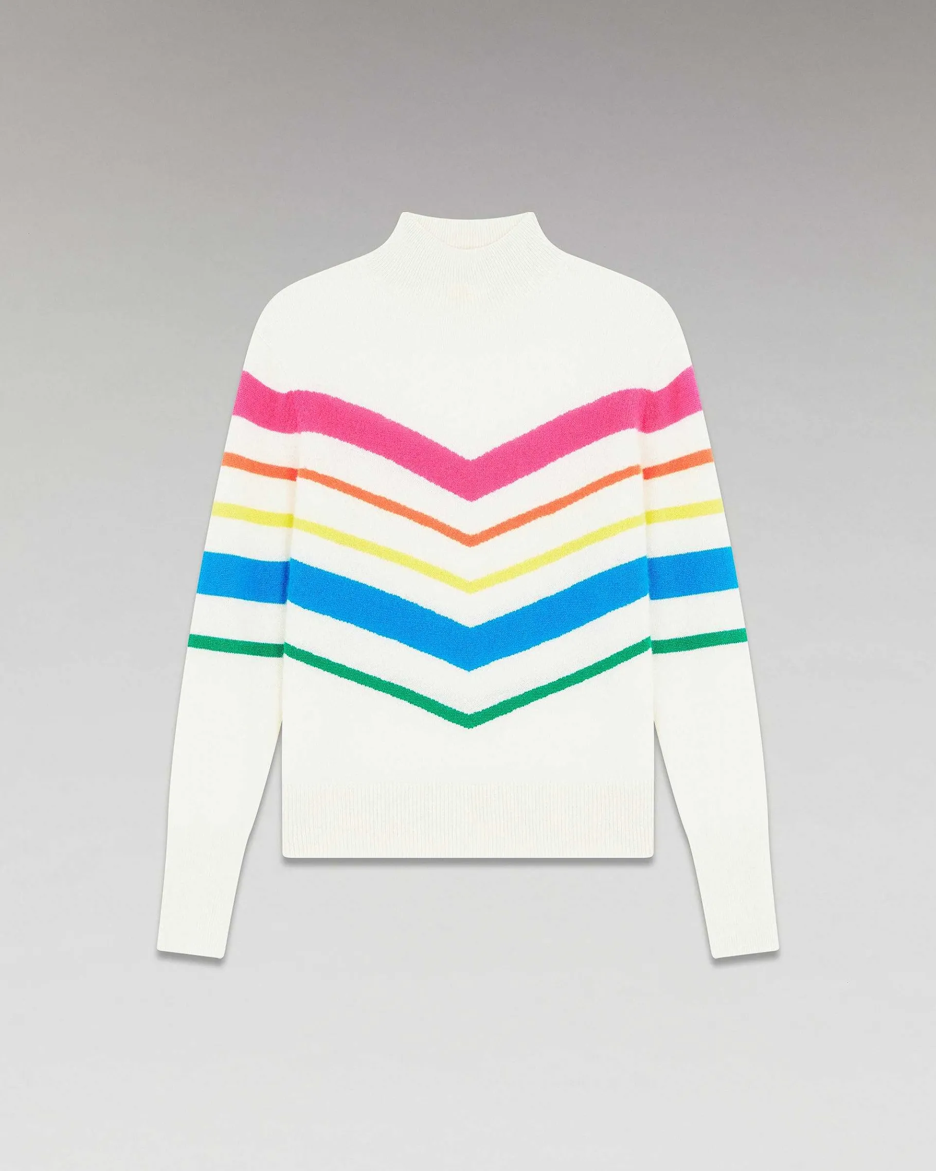 New FROM FUTURE Pull Col Montant Bandes Multicolore Leger Ecru