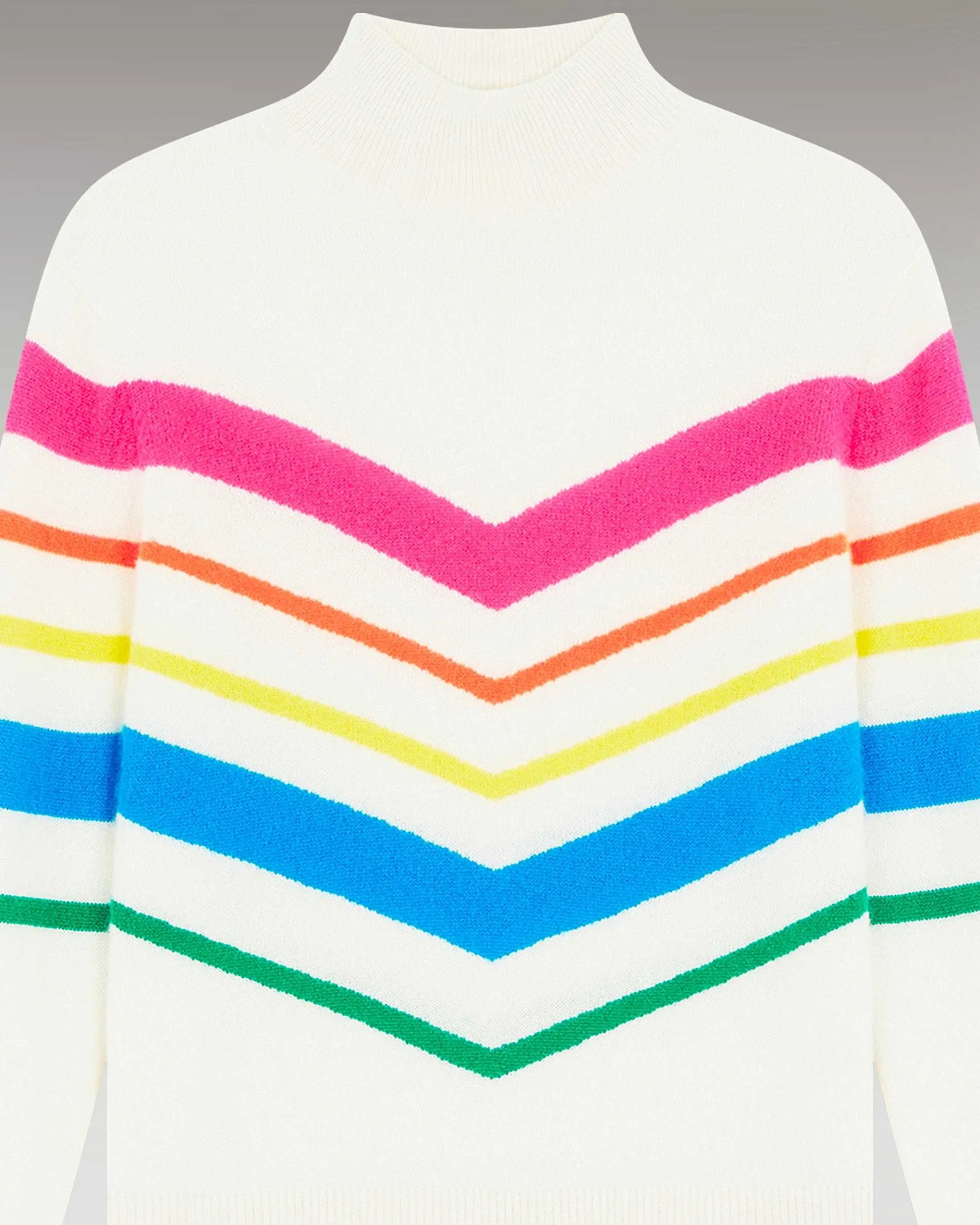 New FROM FUTURE Pull Col Montant Bandes Multicolore Leger Ecru