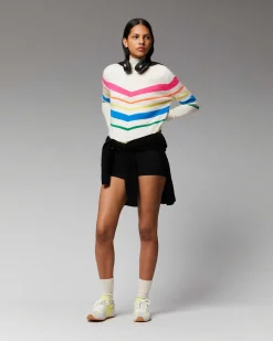 New FROM FUTURE Pull Col Montant Bandes Multicolore Leger Navy