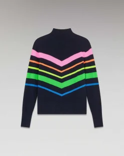 New FROM FUTURE Pull Col Montant Bandes Multicolore Leger Navy