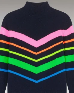 New FROM FUTURE Pull Col Montant Bandes Multicolore Leger Navy