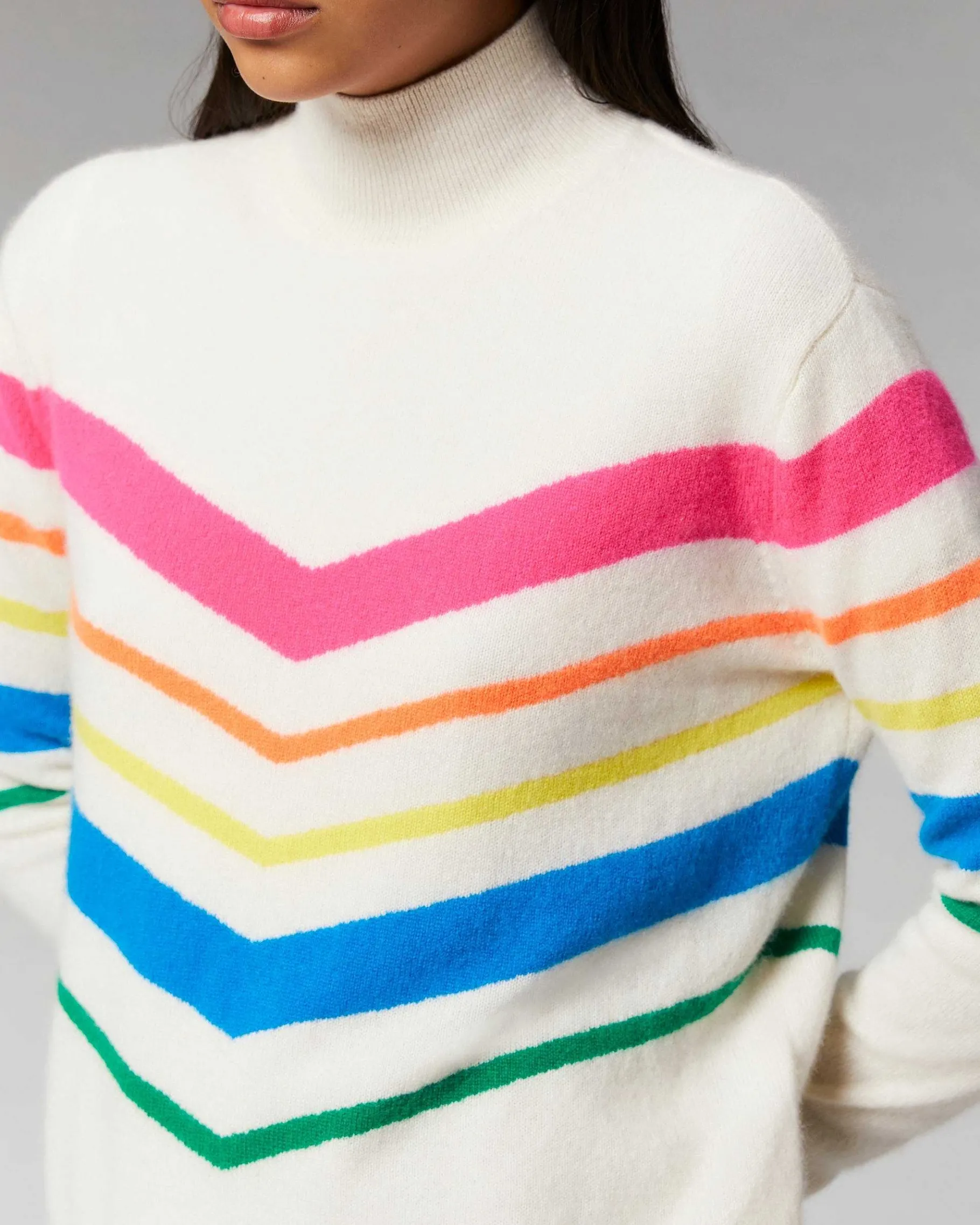 New FROM FUTURE Pull Col Montant Bandes Multicolore Leger Navy
