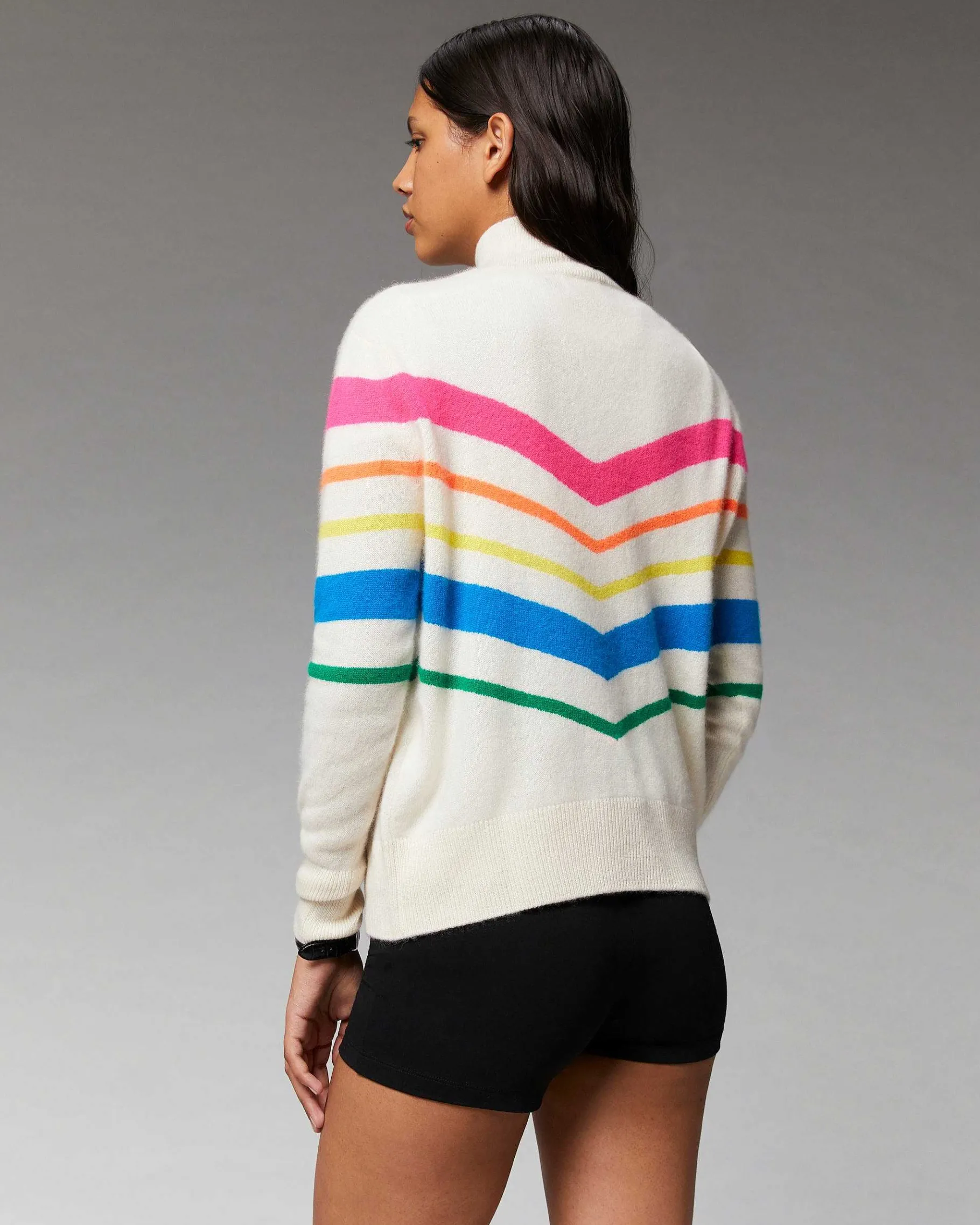 New FROM FUTURE Pull Col Montant Bandes Multicolore Leger Navy