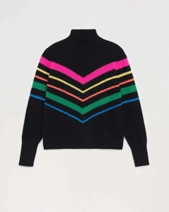 Sale FROM FUTURE Pull Col Montant Bandes Multicolore Leger Noir