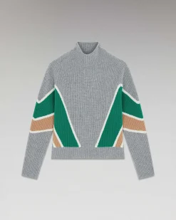 Hot FROM FUTURE Pull Col Montant Bandes Tricolores Gris Chine Fonce