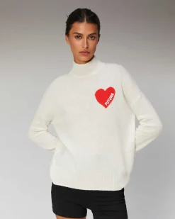 Outlet FROM FUTURE Pull Col Montant Coeur Leger Ecru