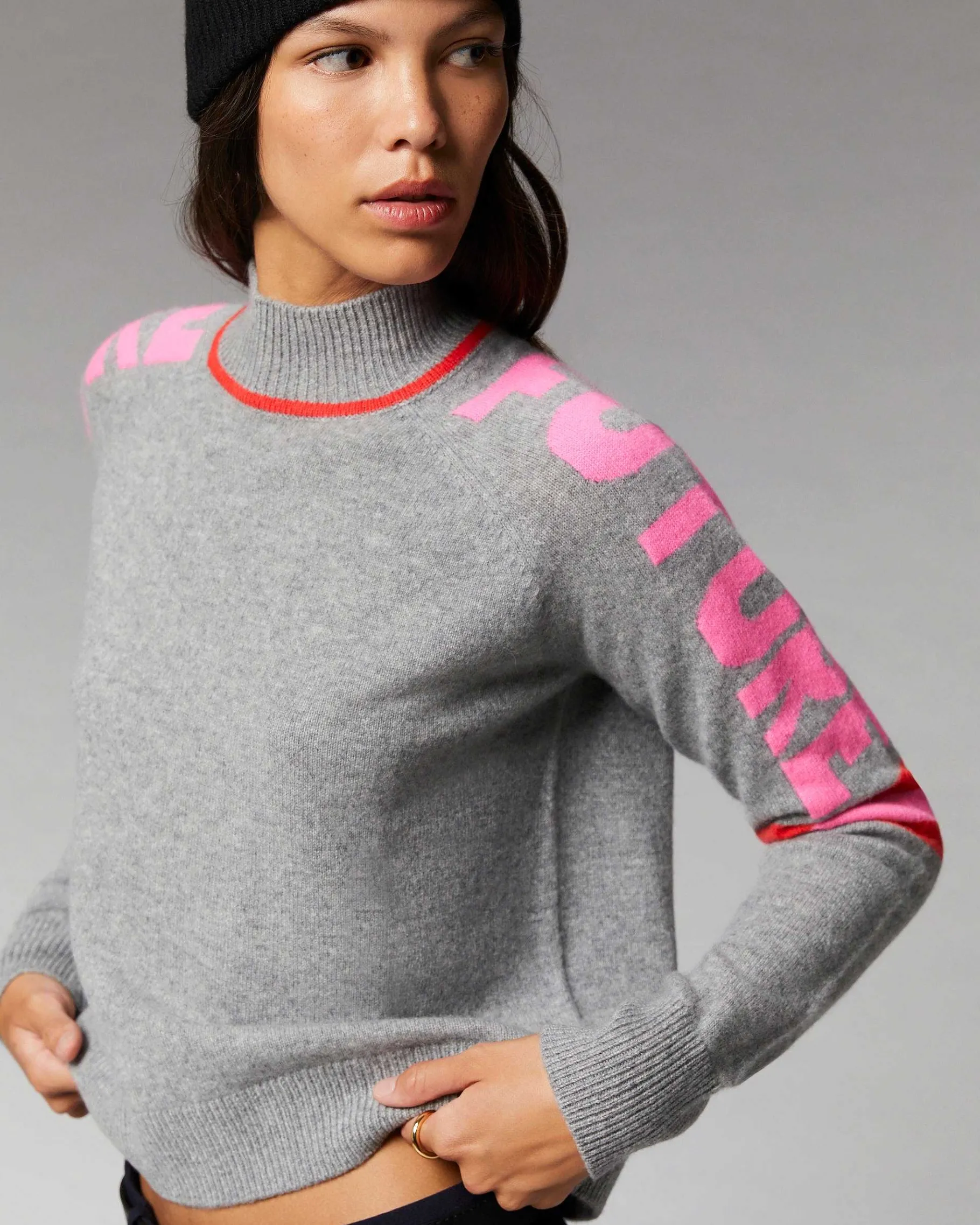 Outlet FROM FUTURE Pull Col Montant Future Contraste Leger Gris Chine Fonce