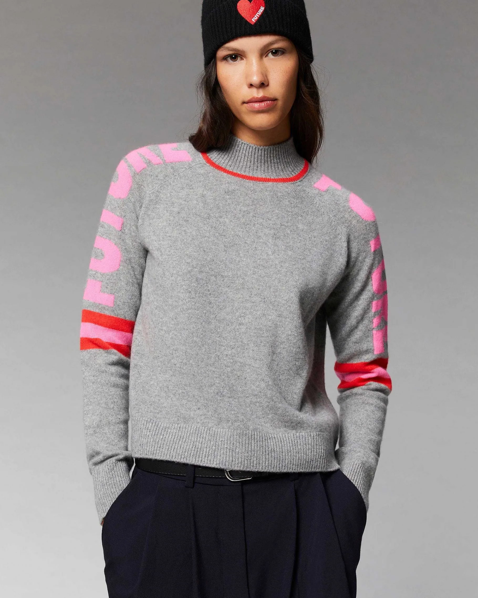 Outlet FROM FUTURE Pull Col Montant Future Contraste Leger Gris Chine Fonce