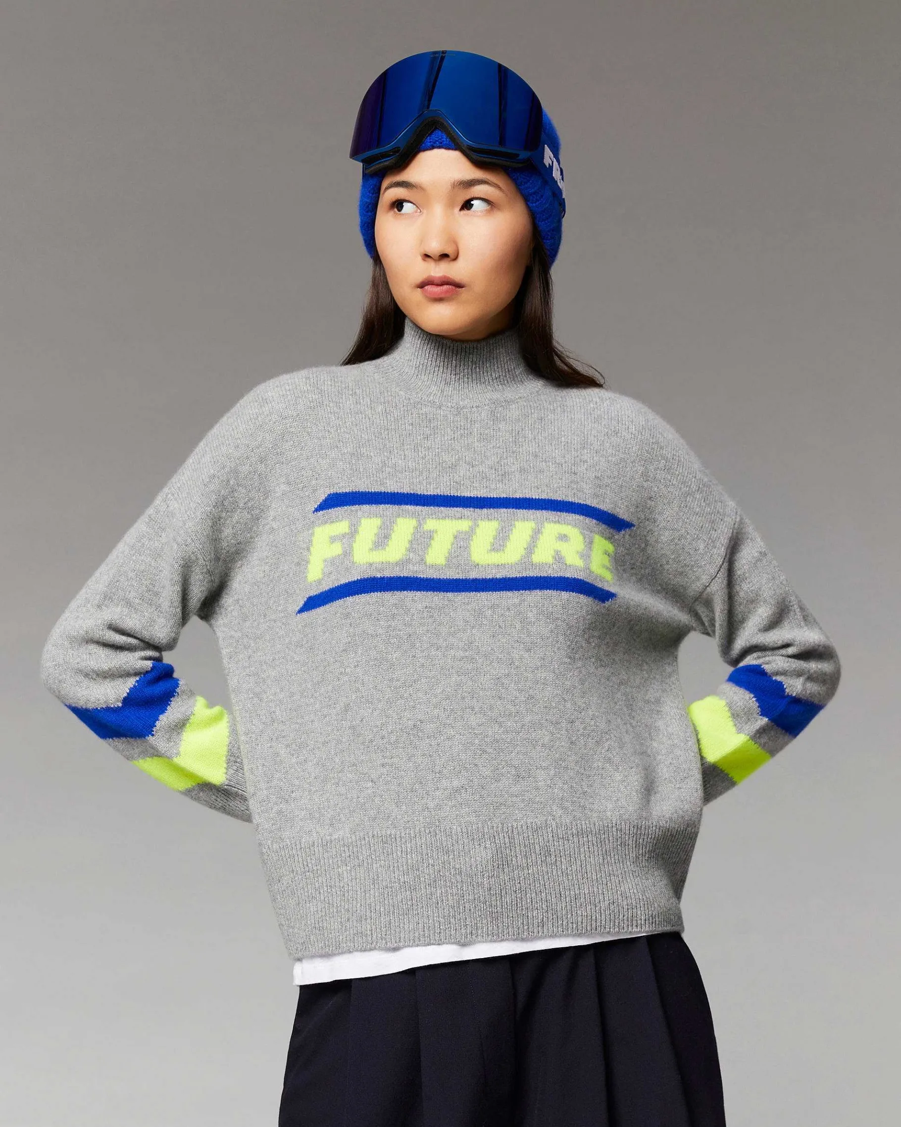 Online FROM FUTURE Pull Col Montant Future Et Bandes Manches Gris Chine Fonce
