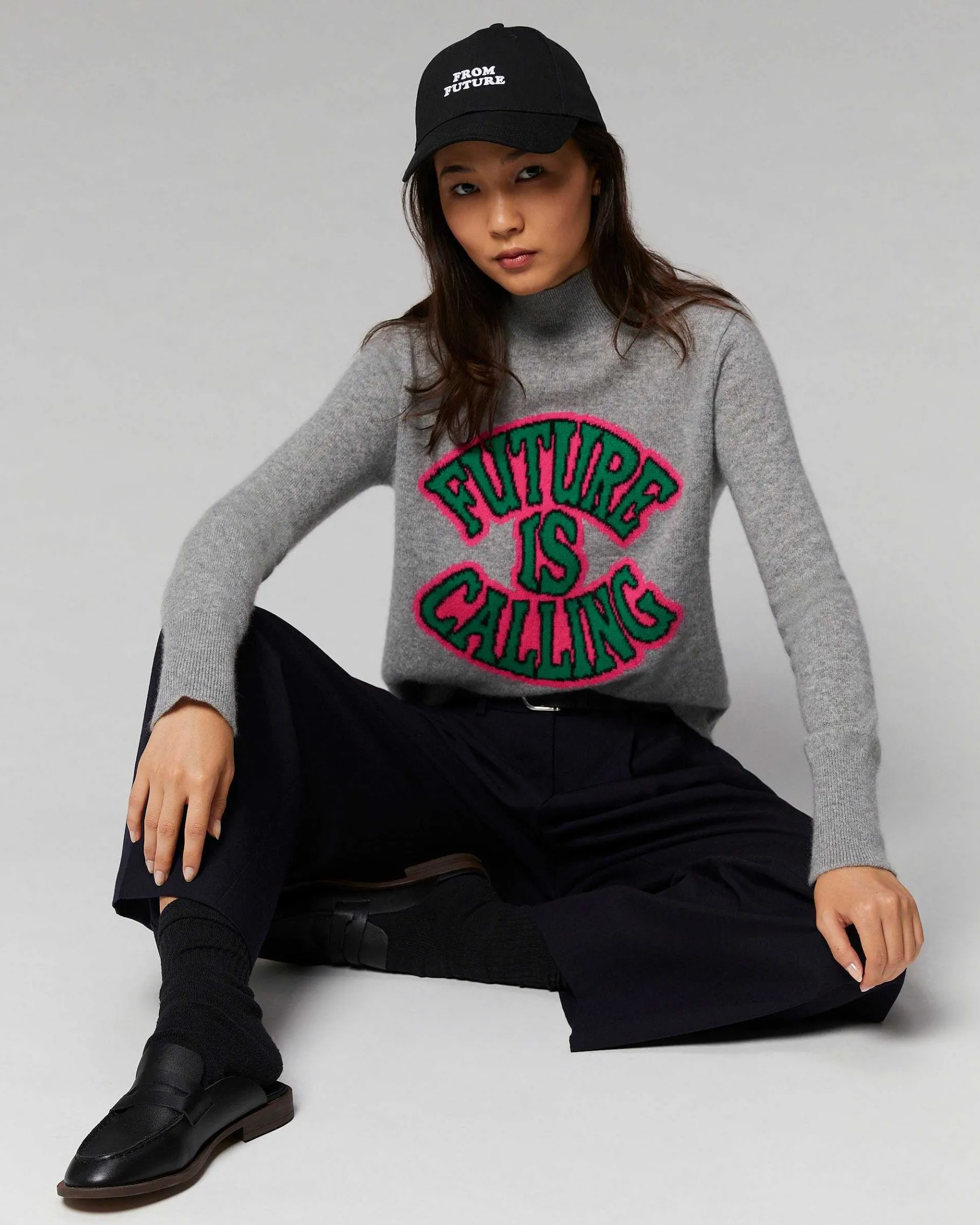 Hot FROM FUTURE Pull Col Montant Future Is Calling Leger Gris Chine Fonce