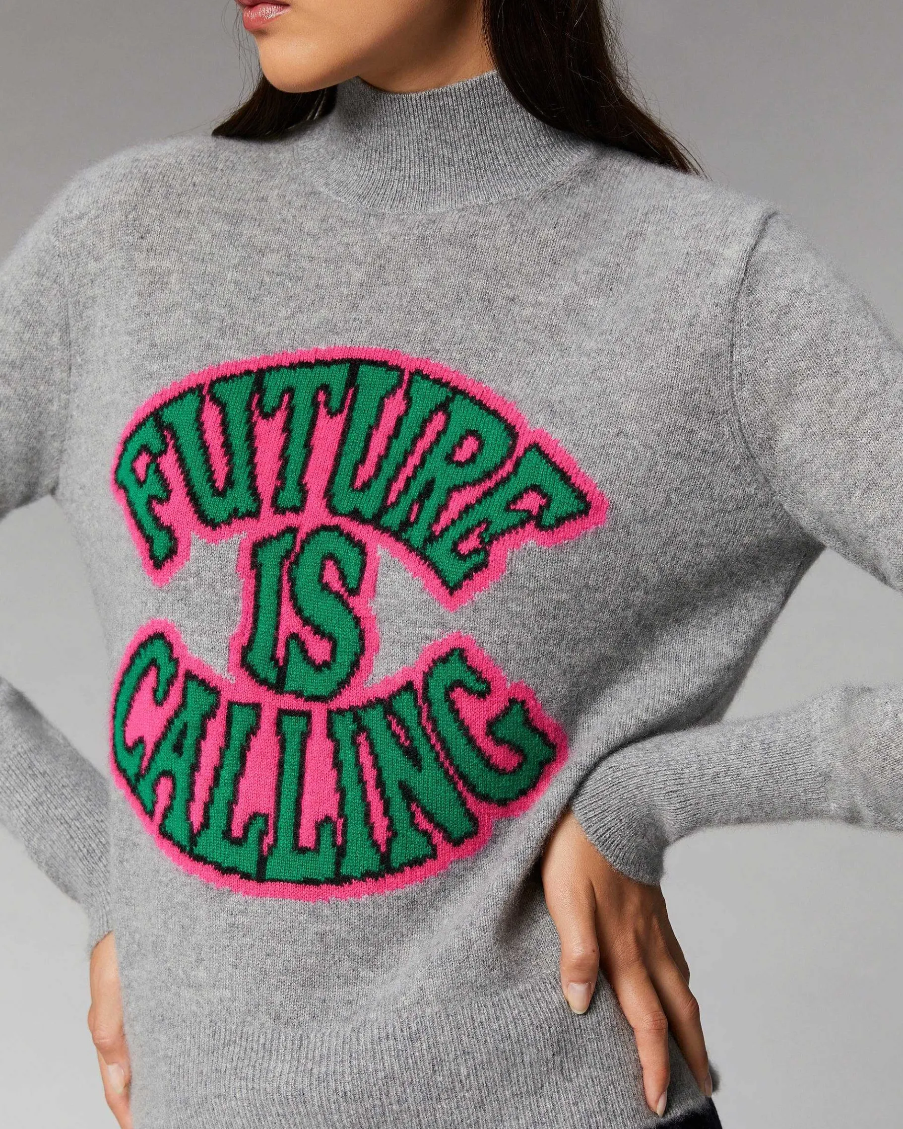 Hot FROM FUTURE Pull Col Montant Future Is Calling Leger Gris Chine Fonce