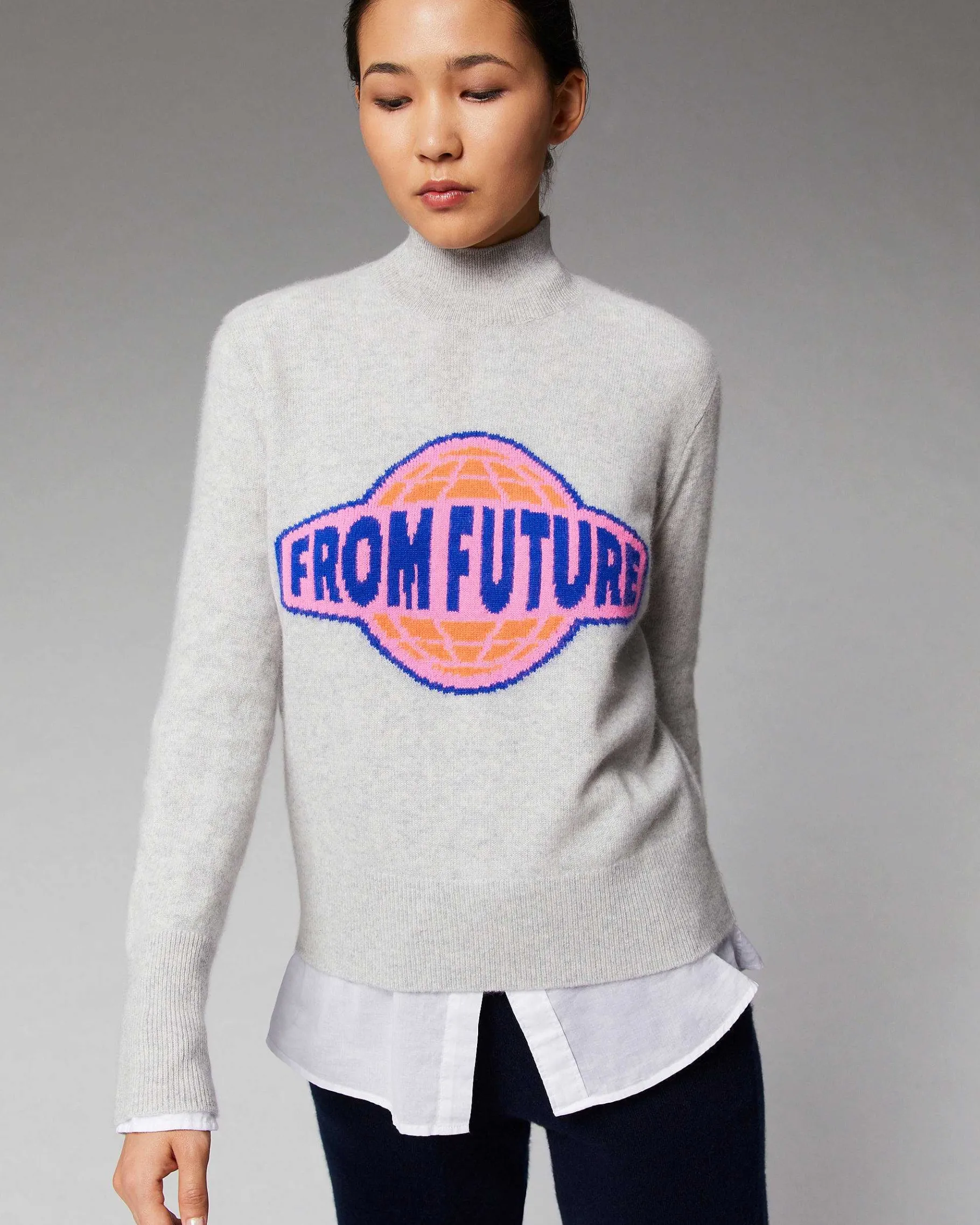 FROM FUTURE Pull Col Montant Planete Leger Gris Chine Clair