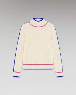 Hot FROM FUTURE Pull Col Montant Tricolore Maille Perlee Sable
